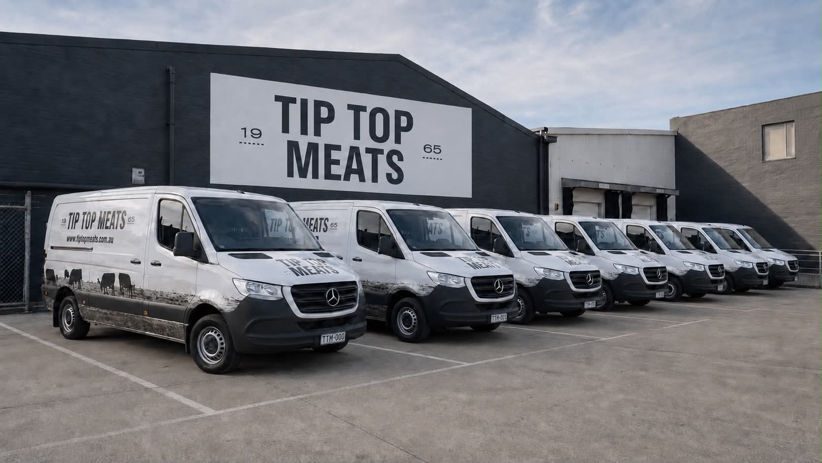 Tip Top Meats refrigerated delivery fleet parked at the Laverton North warehouse