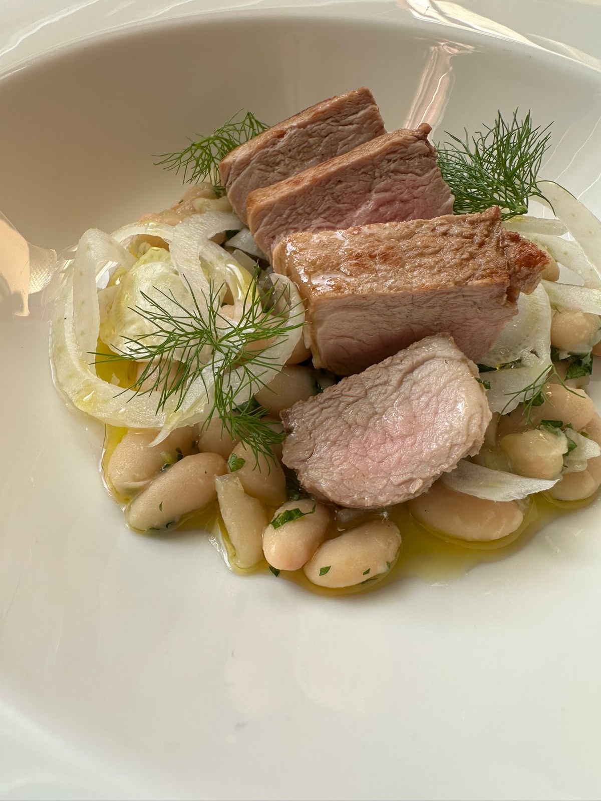 Slices of pan seared pork tenderloin over cannellini beans with shaved fennel and fennel fronds