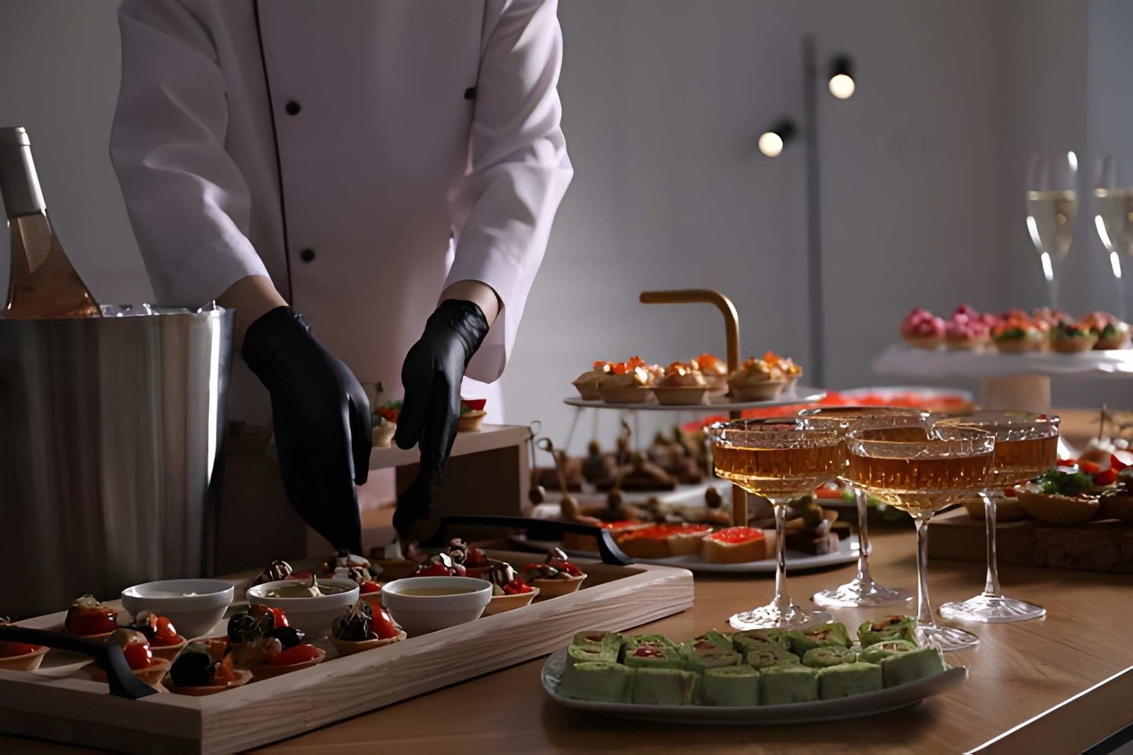 Chef arranging canapes for catered event service