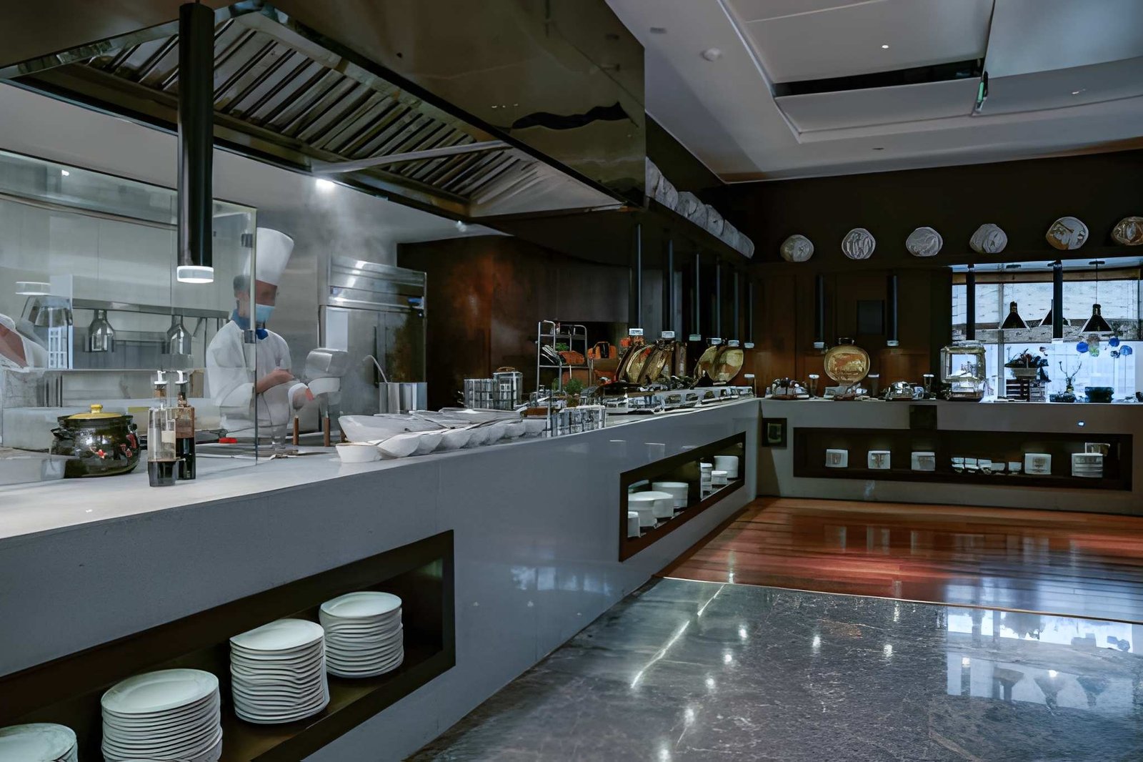 Hotel banquet kitchen serving line during event service